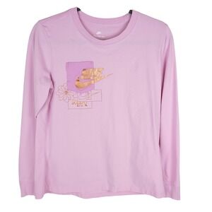 Nike Womens Long Sleeve Graphic Tee Pink Rose Gold Logo Pocket Floral Shirt M
